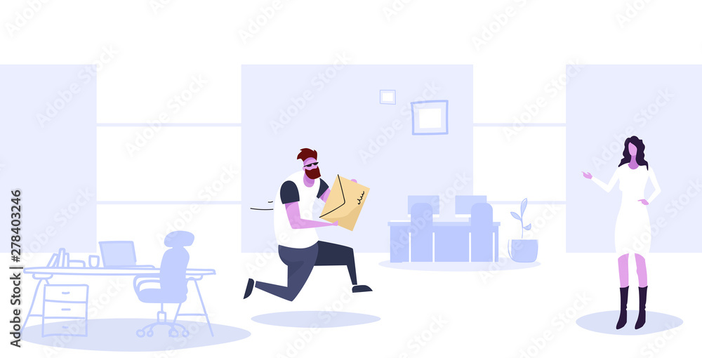 postman carrying envelope businesswoman receiving letter from deliveryman postal service correspondence delivery concept modern office interior sketch doodle full length horizontal