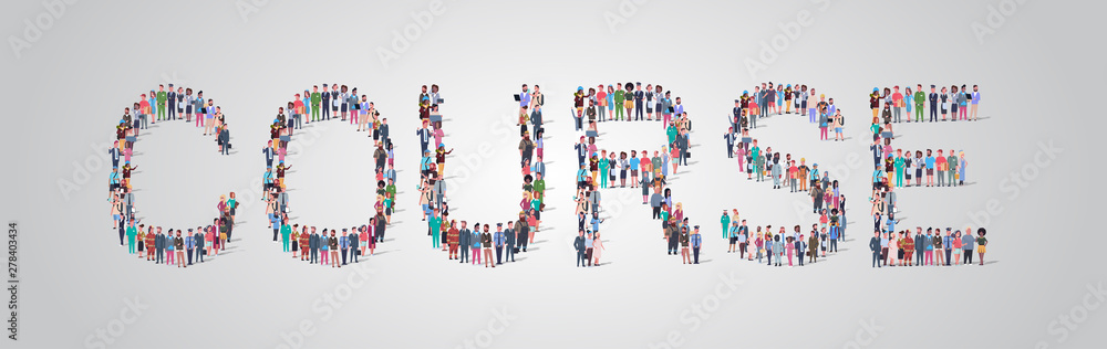 people crowd gathering in shape of course word different occupation employees mix race workers group standing together social media community concept flat horizontal people crowd gathering in shape of course word different occupation employees mix race workers group standing together social media community concept flat horizontal
