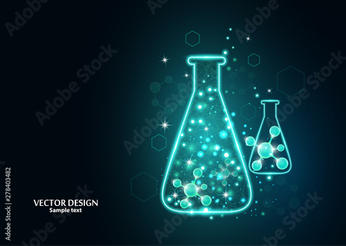 Test laboratory flask with the frame grid made of points, lines and forms. Vector illustration art style design on a dark background.