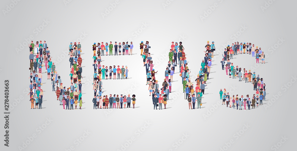 people crowd gathering in shape of news word different occupation employees mix race workers group standing together social media community concept flat horizontal people crowd gathering in shape of news word different occupation employees mix race workers group standing together social media community concept flat horizontal