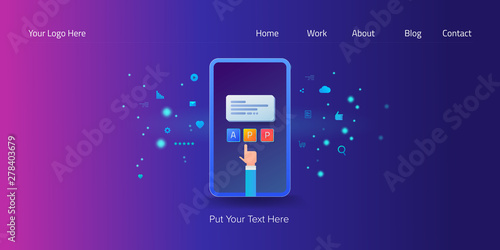 Digital marketing, mobile marketing app, engaging audience, digital content concept, with icons and text, abstract web banner.