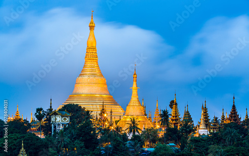 Shwedagon Pagoda at morning in Yagon City with blue sky background  Shwedagon Pagoda is beautiful pagoda in Southeast Asia  Yangon  Myanmar.