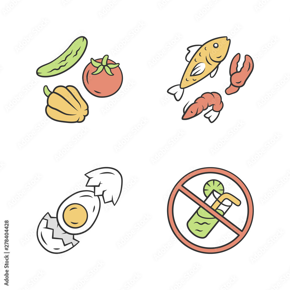 Healthy balanced eating color icons set. High vitamin and omega 3 food. Shrimp and crab claw seafood. No soft drinks sign. Egg, vegetables and fish ingredients isolated vector illustrations