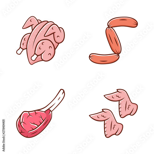 Butchers meat color icons set. Chicken carcase and wings, tomahawk steak, sausages, pork rib. Protein sources. Butchery business. Meat production and sale. Isolated vector illustrations