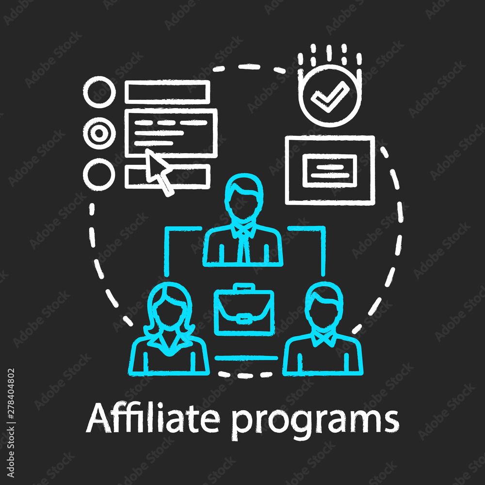 Affiliate programs chalk concept icon. Affiliate marketing idea. Partner programs and referrals. Product promotion. Word of mouth. Vector isolated chalkboard illustration Affiliate programs chalk concept icon. Affiliate marketing idea. Partner programs and referrals. Product promotion. Word of mouth. Vector isolated chalkboard illustration