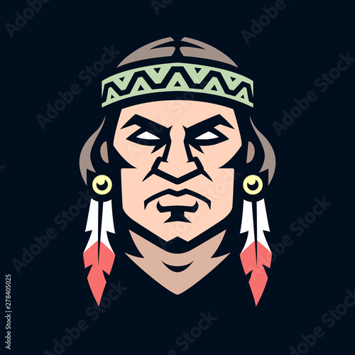 Professional logo american indian, sport mascot, icon angry warrior. Vector illustration. Simple shape for design emblem, symbol, sign, badge, label, stamp.