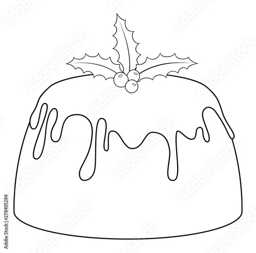 Christmas pudding with christmas holly clipart. Vector outline illustration. Coloring book for children.