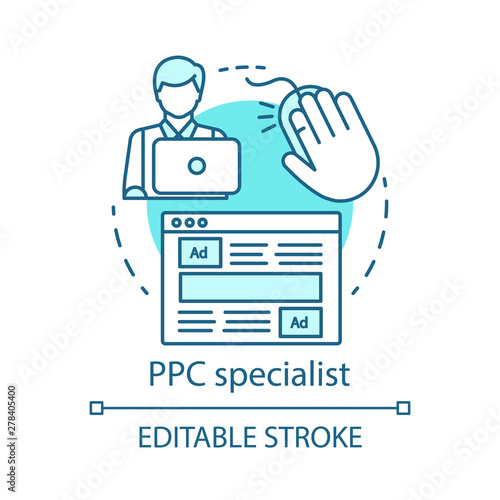 PPC specialist blue concept icon. Digital marketing specialty idea thin line illustration. Paid search analyst, marketer. Pay per click management. Vector isolated outline drawing. Editable stroke