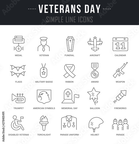 Set Vector Line Icons of Veterans Day