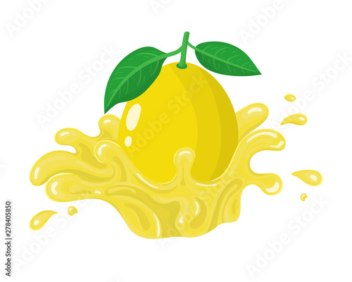 Yellow fresh lemon with juice splash isolated on white background. Sweet food. Organic fruit. Vector illustration for any design.