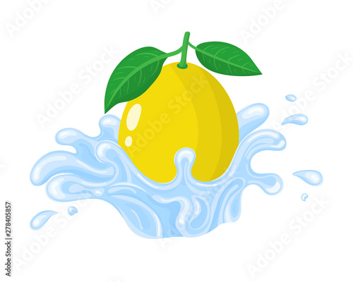 Yellow fresh lemon with water splash isolated on white background. Sweet food. Organic fruit. Vector illustration for any design.