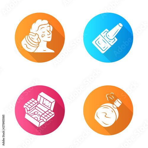 Makeup products flat design long shadow glyph icons set. Feminine hygiene accessories. Beauty salon attributes vector silhouette illustrations. Face cream, nail polish, cosmetic kit, perfume bottle