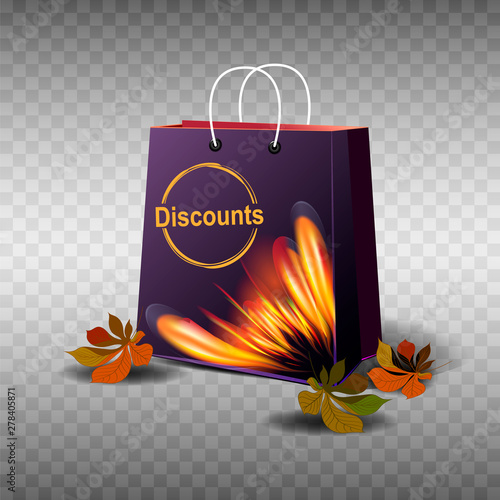  Autumn Sale.Graphic purple package with a beautiful fiery print, autumn leaves. On a transparent background.