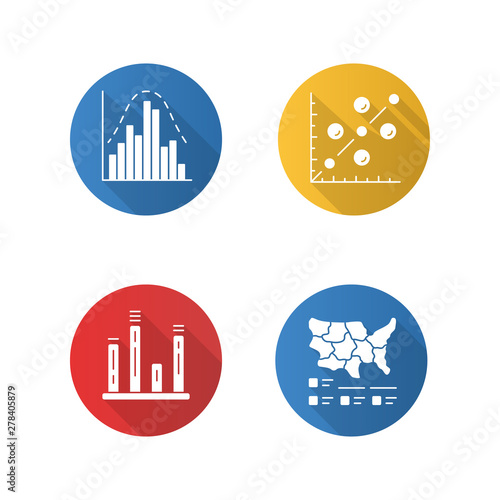 Diagram flat design long shadow glyph icons set. Histogram, bar graph, scatter plot, cartogram. Statistics data visualization. Analytical information. Vector silhouette illustration