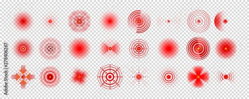 Pain red circle or localization mark, aching place sign, abstract symbol of pain