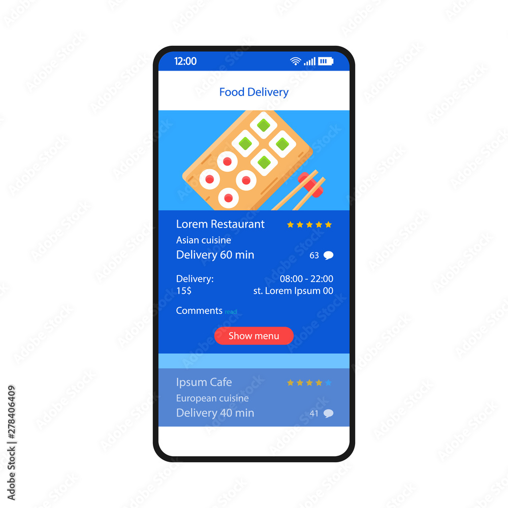 Fototapeta premium Food delivery smartphone interface vector template. Mobile app page blue design layout. Online chinese food ordering screen. Flat UI for application. Sushi bar, restaurant menu. Phone display