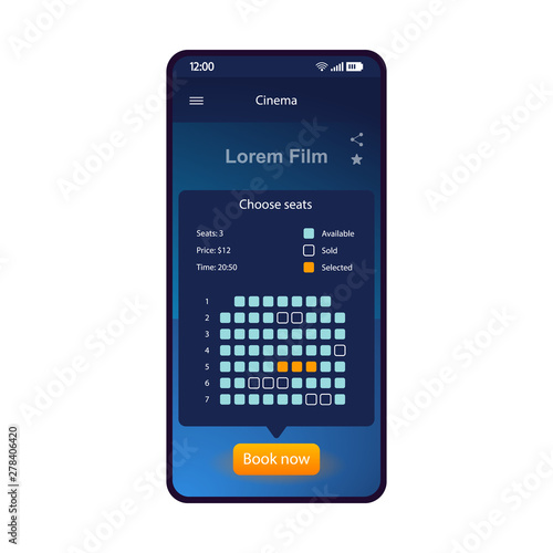 Cinema tickets booking smartphone interface vector template. Mobile app page blue design layout. Movie theater seats selection screen. Flat UI for application. Concert tickets purchase. Phone display