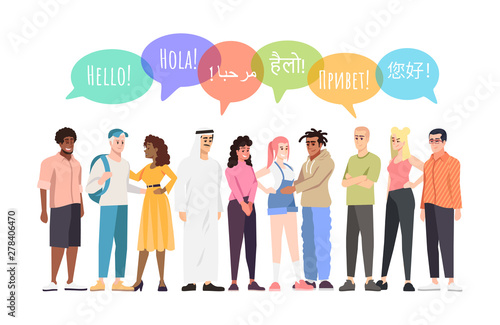 Multinational community communication vector illustration. Young people say hello in different languages, speech bubbles. Multiethnic student society. Caucasian, afro, arabian world representatives