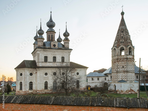 Cathedral of Michael Archangel and bell tower at monastery of Michael Archangel in Yuryev-Polsky. Vladimir oblast. Russia