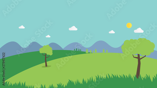 Nature landscape summer background flat design vector.Scene nature with hills   mountains and sky background.Countryside with field.