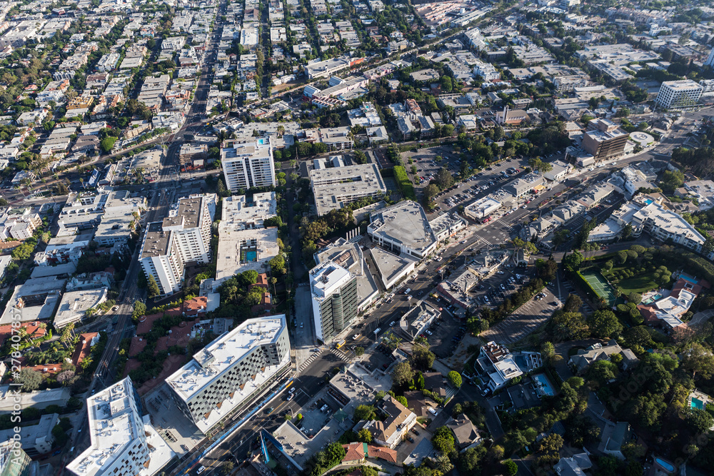 Aerial view of Sunset Blvd area streets and buildings in the West Hollywood area of Los Angeles County, California.  