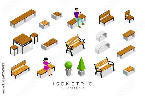 Vector isometric wooden bench collection with man and woman background, illustra Fototapeta