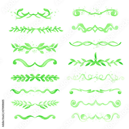 Dividers in watercolor imitation style isolated. Flourishes calligraphic design swirls elements set Ornaments hand painted with brush Vector illustration