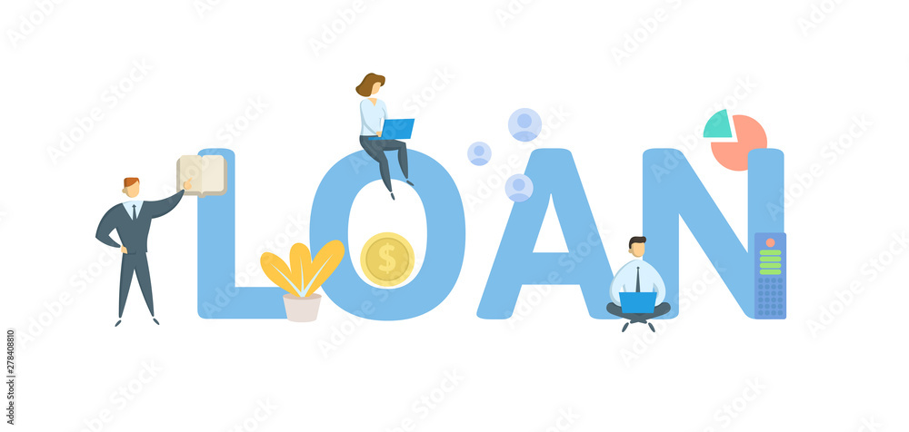 LOAN. Concept with people, letters and icons. Colored flat vector illustration. Isolated on white background. LOAN. Concept with people, letters and icons. Colored flat vector illustration. Isolated on white background.