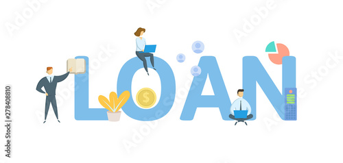 LOAN. Concept with people, letters and icons. Colored flat vector illustration. Isolated on white background.