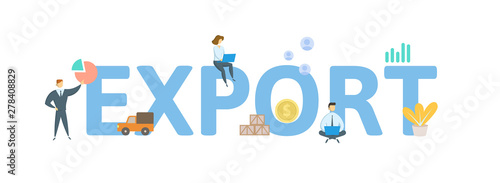 EXPORT. Concept with people, letters and icons. Colored flat vector illustration. Isolated on white background.