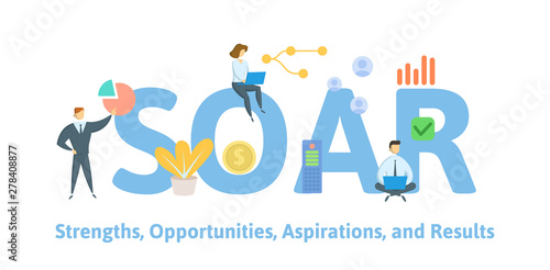 SOAR, strengths, opportunities, aspirations, results. Concept with people, letters and icons. Colored flat vector illustration. Isolated on white background.