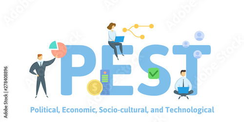 PEST, Political Economic Socio-cultural Technological. Concept with people, letters and icons. Colored flat vector illustration. Isolated on white background.