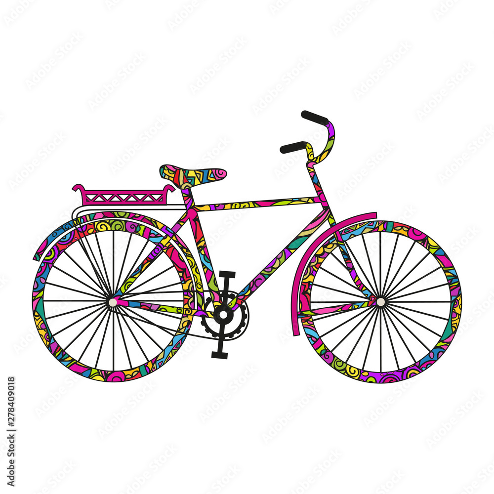 Fototapeta premium Cartoon bicycle. Colorful doodling. Vector isolated on white background.