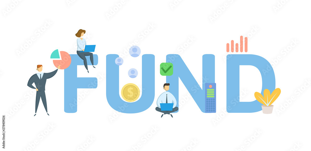 FUND. Concept with people, letters and icons. Colored flat vector illustration. Isolated on white background. FUND. Concept with people, letters and icons. Colored flat vector illustration. Isolated on white background.