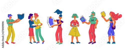 Banner or poster for Book day or educational theme with characters of people reading books, vector illustration in doodle style isolated on white. Design for books and literature festival and store.