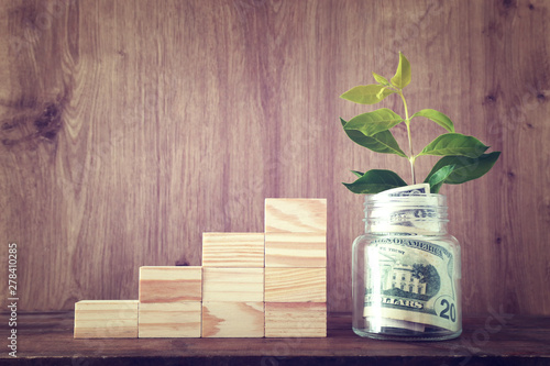 Fototapeta Naklejka Na Ścianę i Meble -  Business image of plant growing in savings jar, money investment and financial growth concept