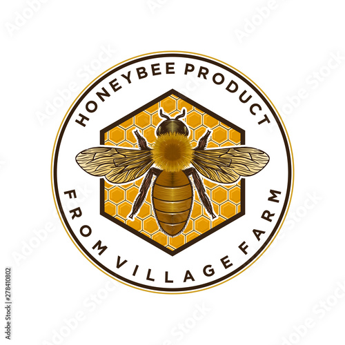 Honey bee logo vintage, label product hand drawn style.