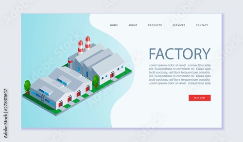 Factory building vector webpage template. Concept of perfect manufactory plant. Creative isometric illustration for promotion of manufactoring online service, website.