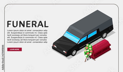 Funeral service isometric vector poster or web template on death theme. Black hearse vehicle near coffin with wreath. Burial deceased, memorial funeral ceremony planning.