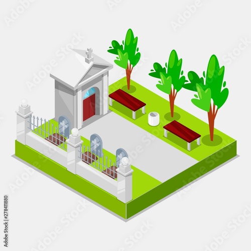 Cemetery concept 3d Isometric view elements of graves with cross and gravestone. Vector illustration of graveyard and tomb with chapel on burial site of cemetery