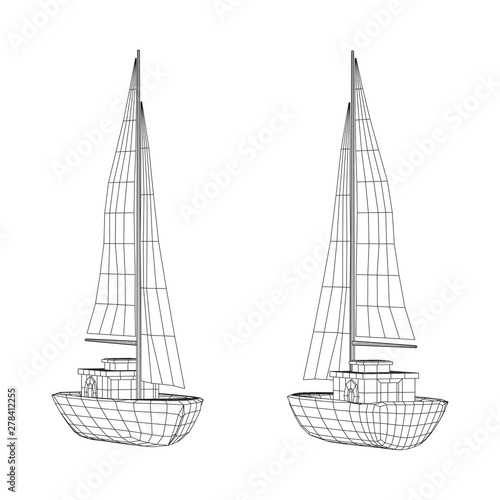 Yacht or sail boat. Luxury yacht race, sea sailing regatta concept. Wireframe low poly mesh vector illustration