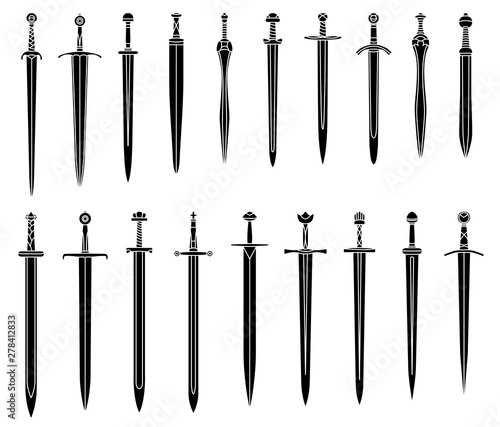Set of simple monochrome images of medieval short swords.