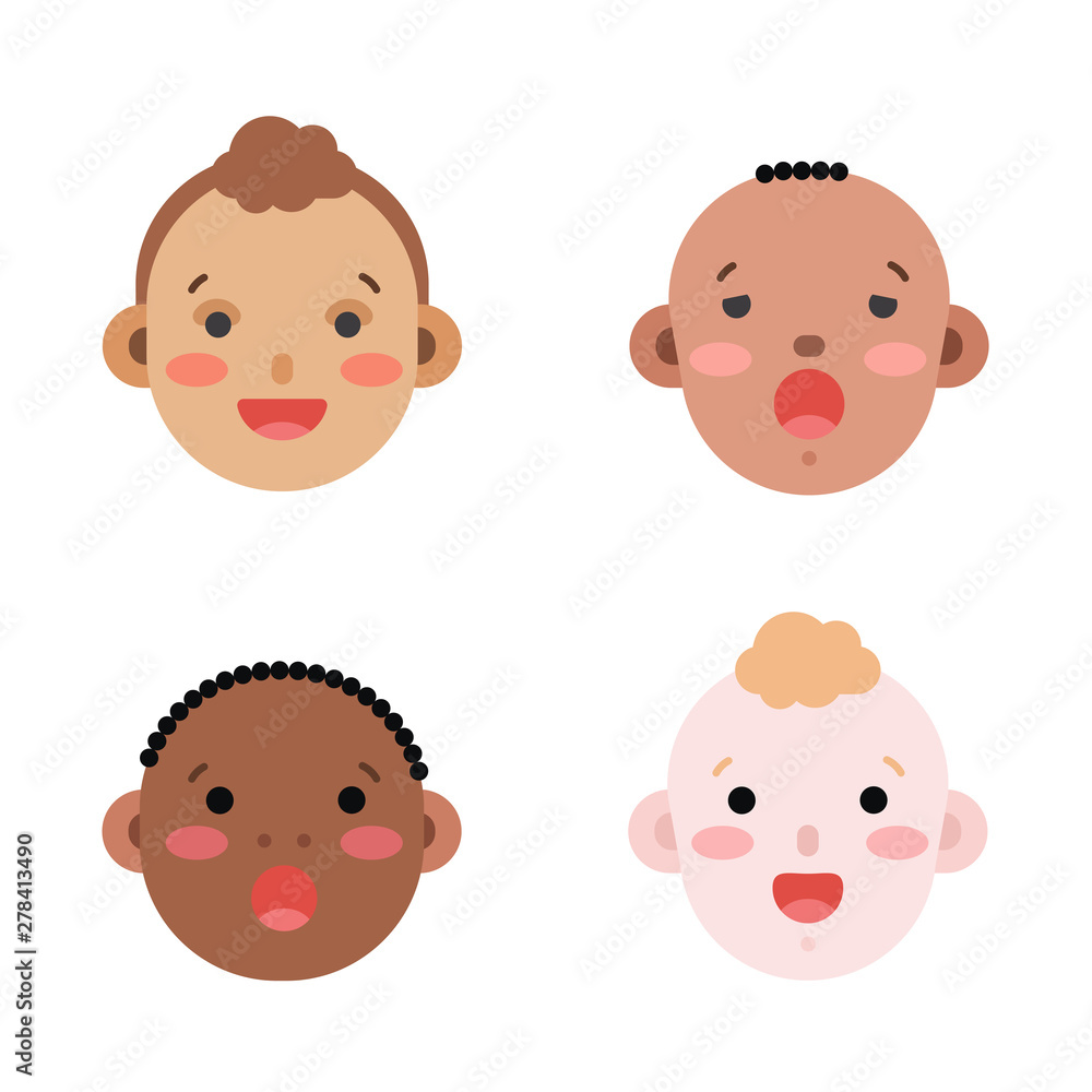 Collection of simple vector illustrations of newborn babies faces of different race and skin color. Baby emoticons illustrated as flat style icons isolated on white Collection of simple vector illustrations of newborn babies faces of different race and skin color. Baby emoticons illustrated as flat style icons isolated on white