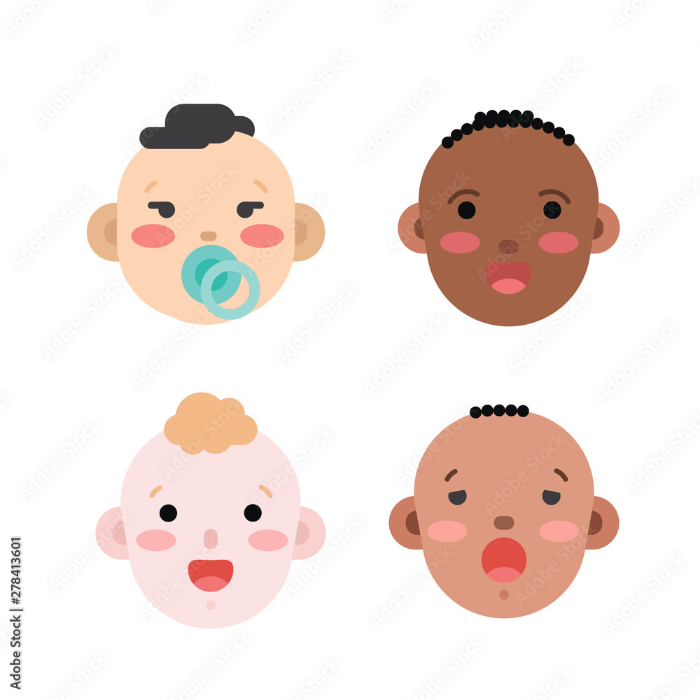Collection of simple vector illustrations of newborn babies faces of different race and skin color. Baby emoticons illustrated as flat style icons isolated on white Collection of simple vector illustrations of newborn babies faces of different race and skin color. Baby emoticons illustrated as flat style icons isolated on white
