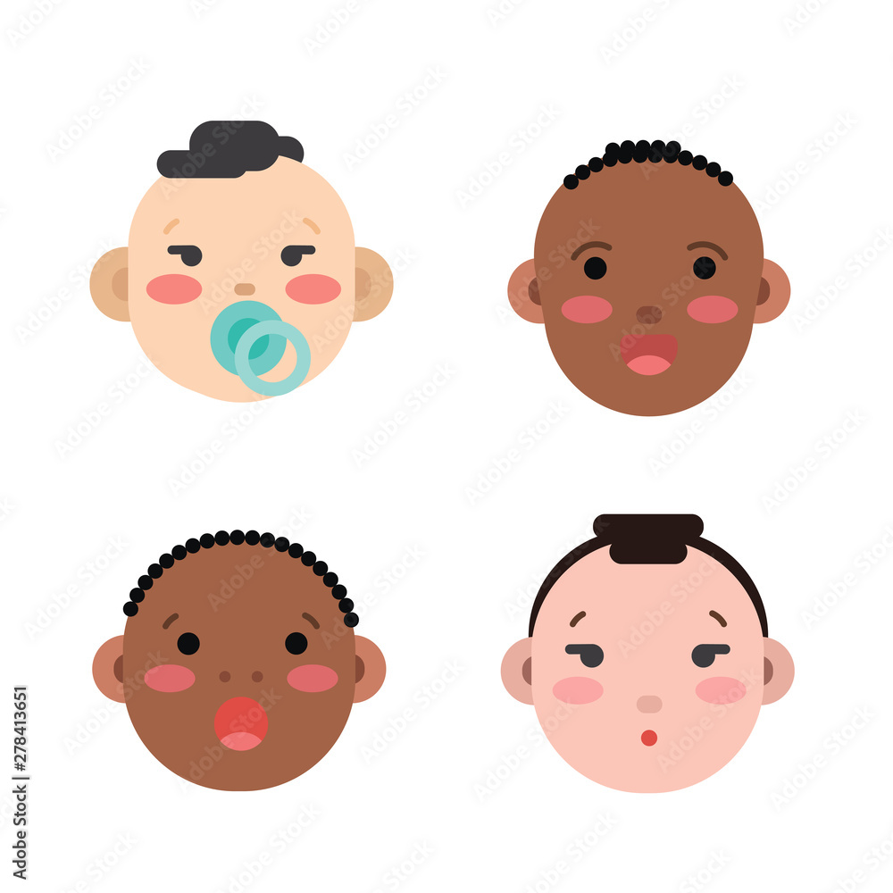 Collection of simple vector illustrations of newborn babies faces of different race and skin color. Baby emoticons illustrated as flat style icons isolated on white Collection of simple vector illustrations of newborn babies faces of different race and skin color. Baby emoticons illustrated as flat style icons isolated on white