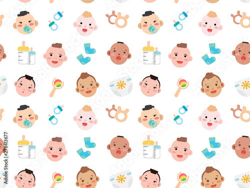 Cute vector seamless pattern illustrations with funny newborn babies faces made as simple modern flat design texture. Colorful background with emoticons and accessories