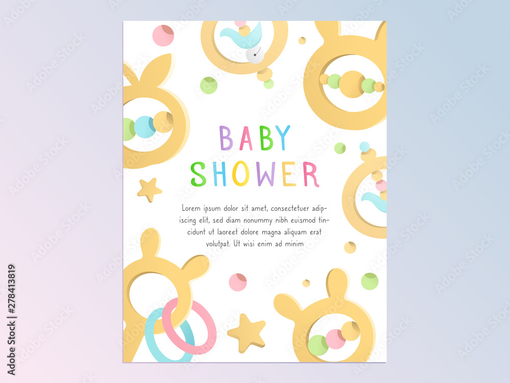 Vector template for invitation or birthday card for baby shower party with simple colorful decorative illustrations of toys and wooden rattles and pacfiers.  Cute postcard with decoration 