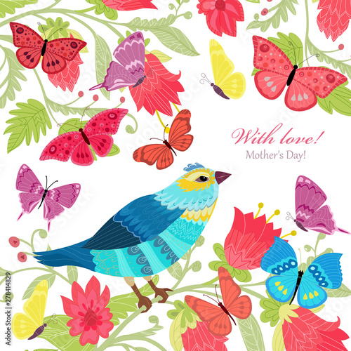floral greeting card with fancy bird for your design