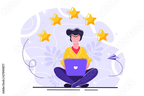 vector illustration on white background. the best estimate of performance, the score of five points. people leave feedback and comments, successful work is the highest score.