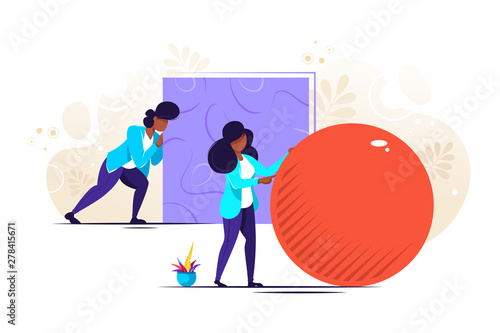 Businessman pushing sphere and leading the race against group other not so lucky guy pushing boxes. Concept of innovation in business, winning strategy, efficiency